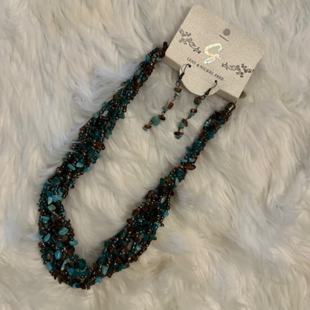 Turquoise, Amber & Tiger Eye 8Strand Beaded Statement Necklace & Earring Set NWT - Picture 4 of 5